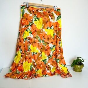 VINTAGE Retro Floral Hibiscus Orange & Yellow Button Up Skirt